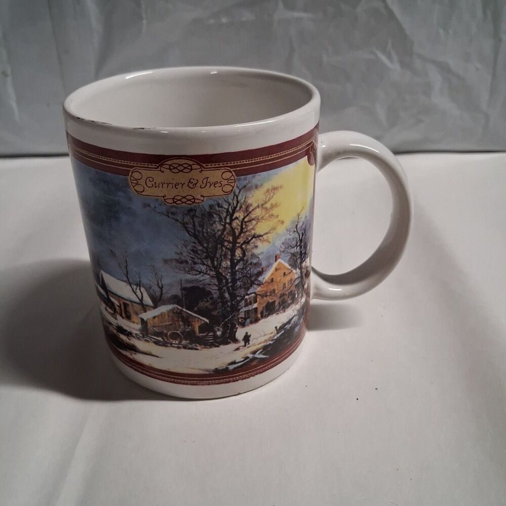 Currier & Ives Vtg 1997 Mug With A Winter Homestead Scene In The Country Design